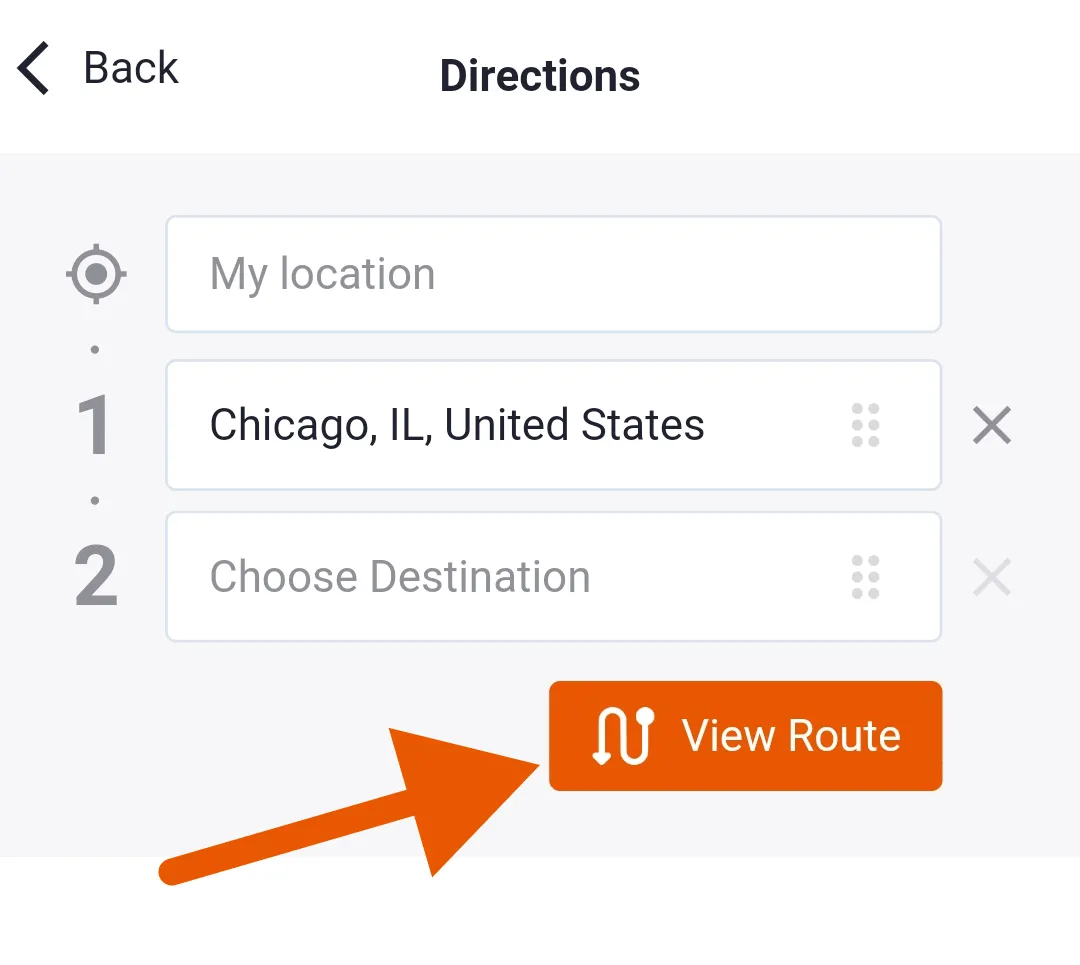 Trucker Guide route screen showing the “View Route” button for reviewing route options after adding stops.