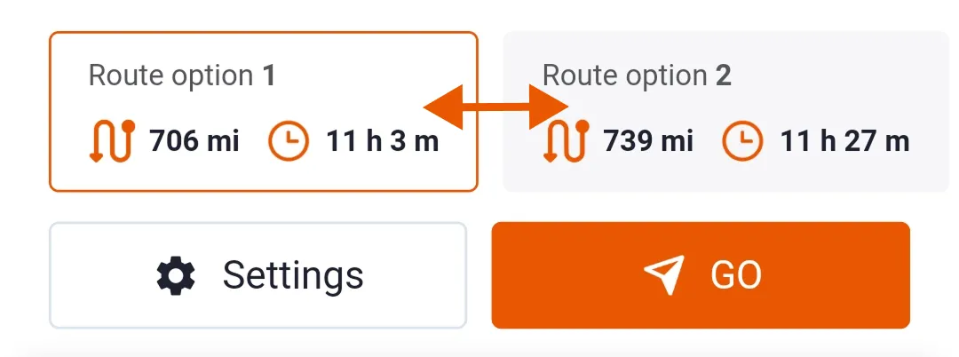 Trucker Guide navigation showing up to three route options for drivers to review and choose from.