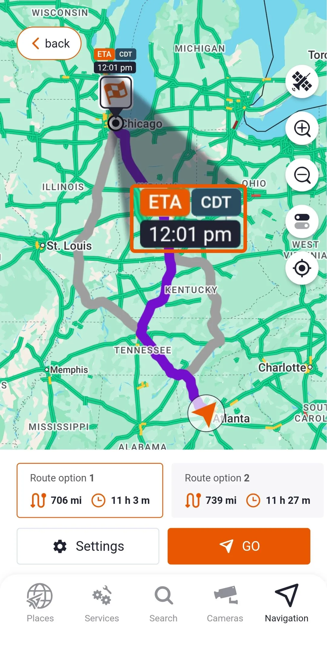 Trucker Guide navigation showing estimated arrival times based on truck dimensions, cargo type, and route preferences.