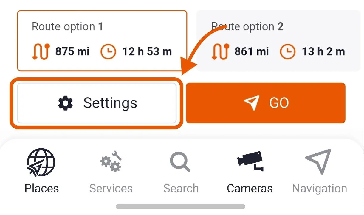 Trucker Guide navigation settings showing where to enter truck height, weight, length, and axle count for tailored routing.