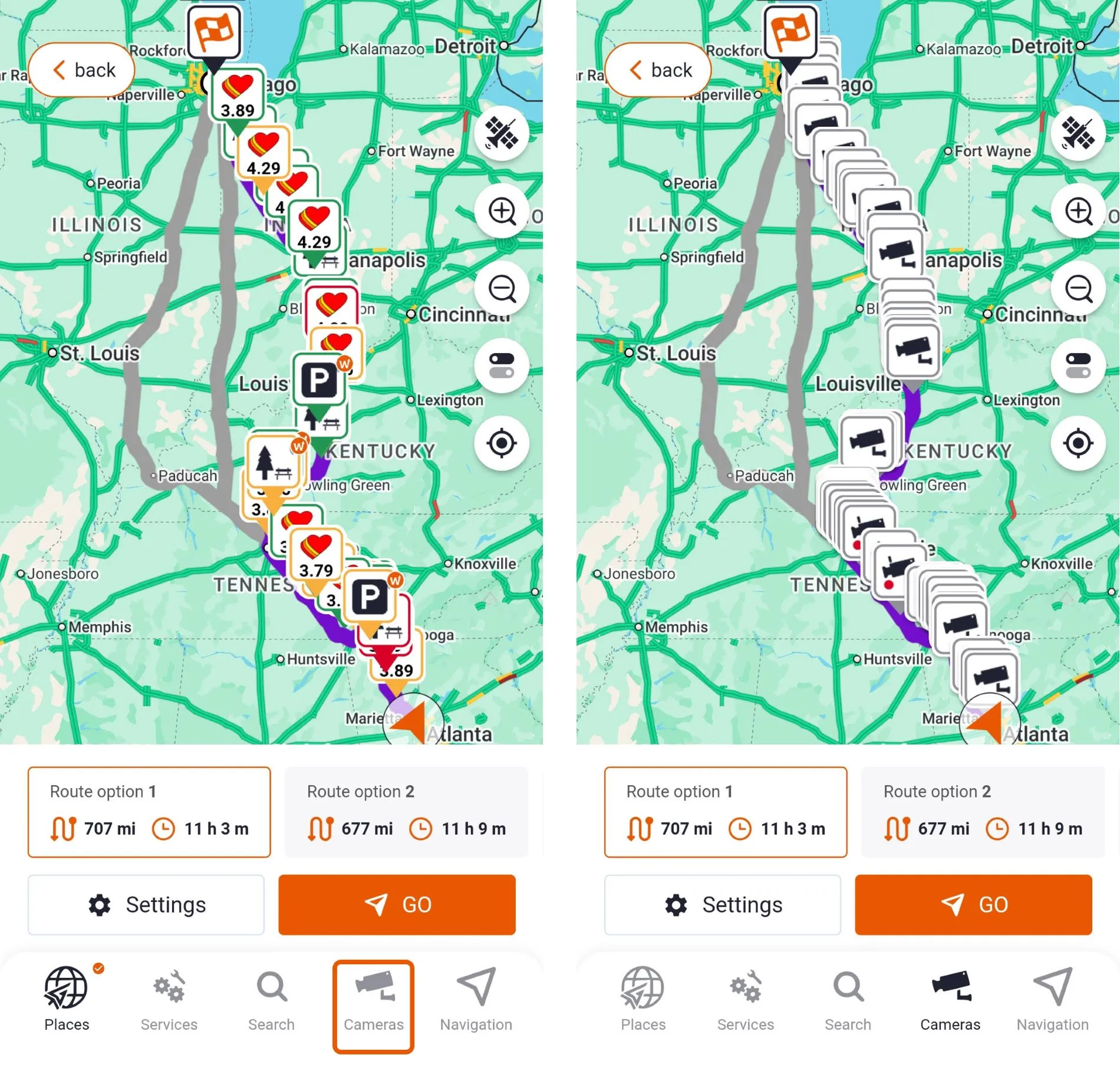 Trucker Guide navigation showing the Cameras option for adding real-time traffic feeds along the route.