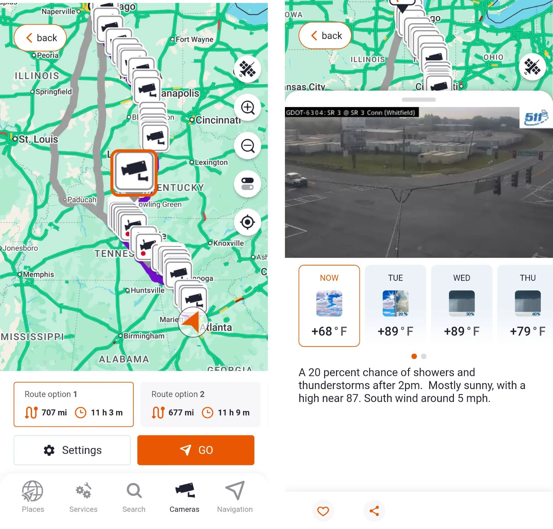 Trucker Guide navigation showing camera feeds for checking live traffic and road conditions before reaching delays or closures.