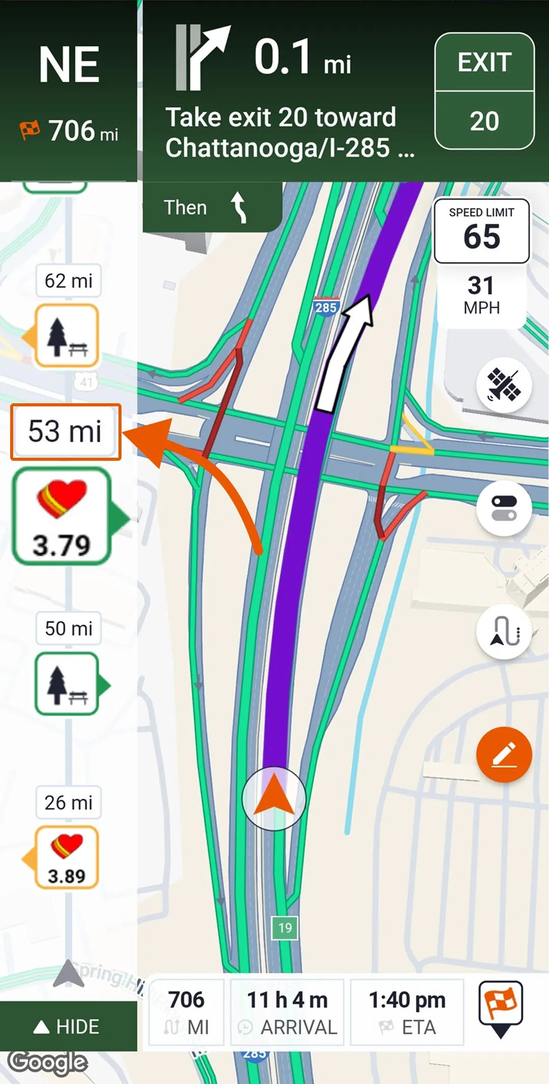 Trucker Guide navigation showing the nearest points of interest and their distances along the planned route.