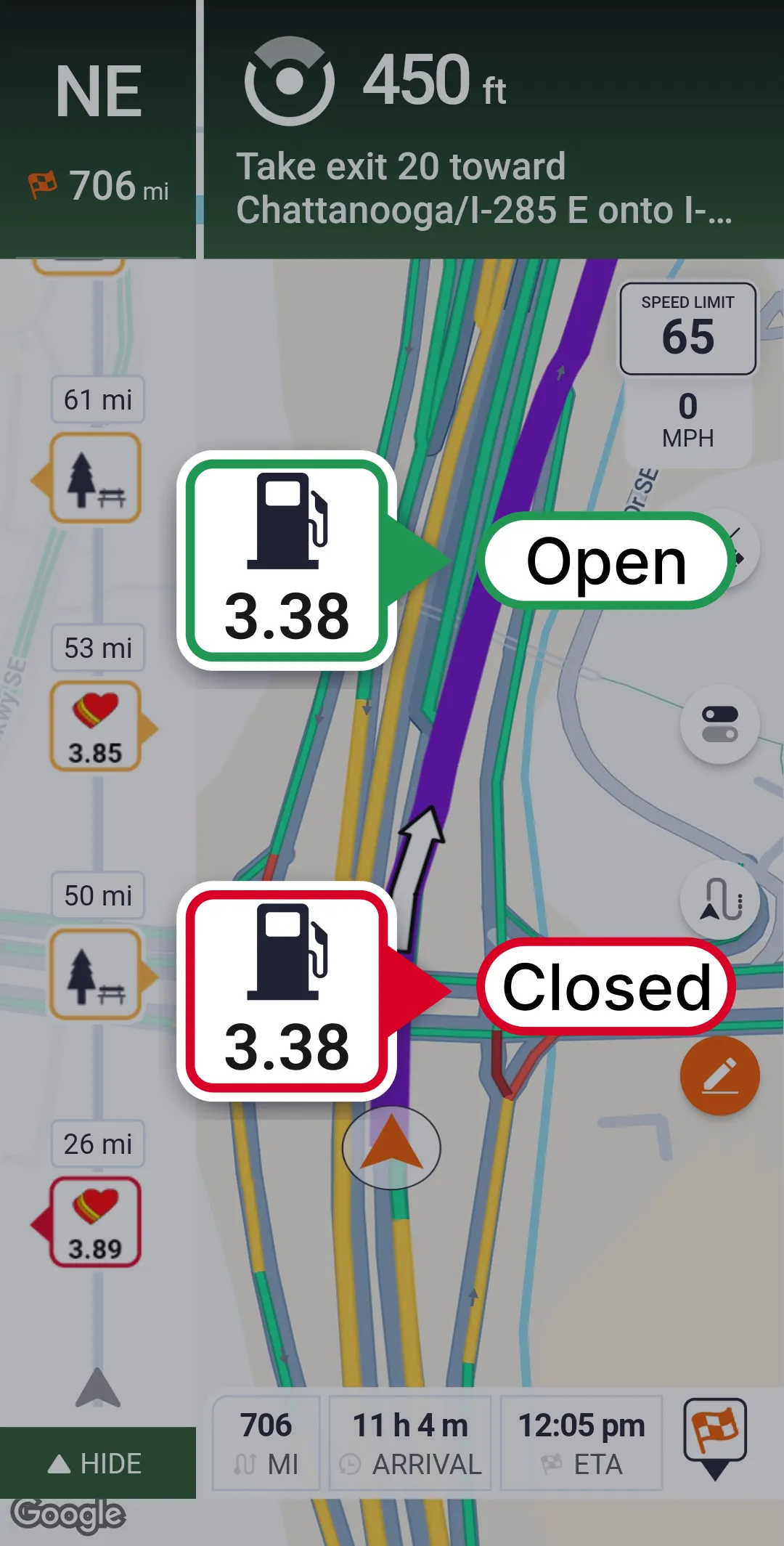 Trucker Guide showing real-time diesel prices along a route to help drivers find affordable fuel stops.