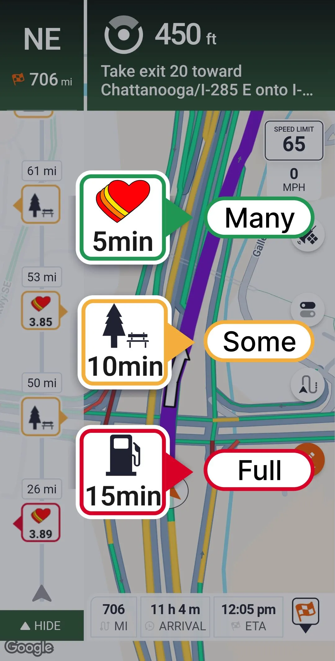 Trucker Guide showing truck parking availability with color-coded indicators for full, limited, and plentiful spots.