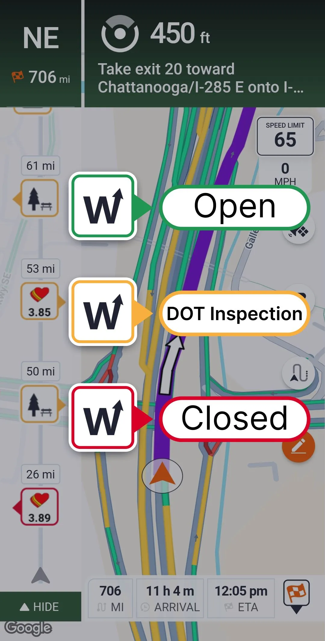 Trucker Guide showing weigh station status as open, closed, or under DOT inspection to help drivers plan stops.
