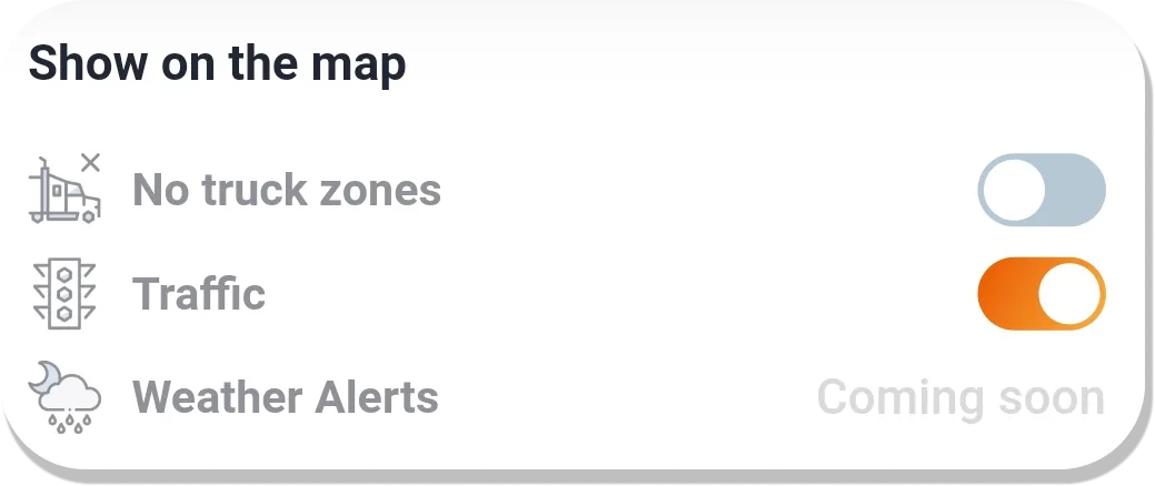 Trucker Guide navigation settings showing options to avoid no-truck zones, toll roads, traffic, and weather alerts.
