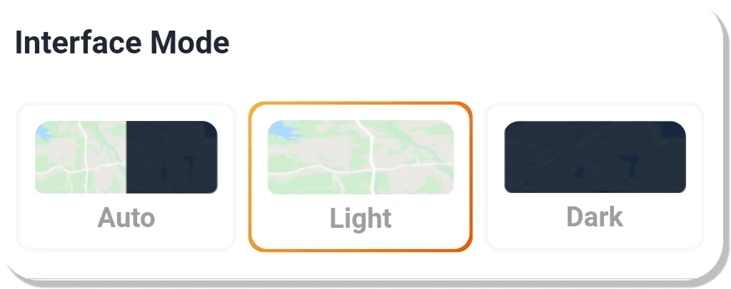 Trucker Guide interface settings showing Auto, Light, and Dark modes for clearer map visibility in different conditions.
