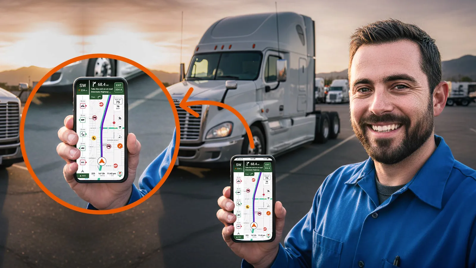 Man standing beside a large vehicle with the Trucker Guide navigation screen displayed alongside him.
