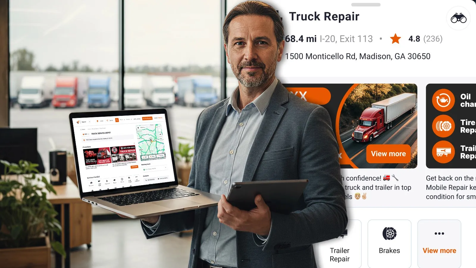 Business professional with a laptop and tablet, representing a Trucker Guide company card that helps businesses get found by drivers.