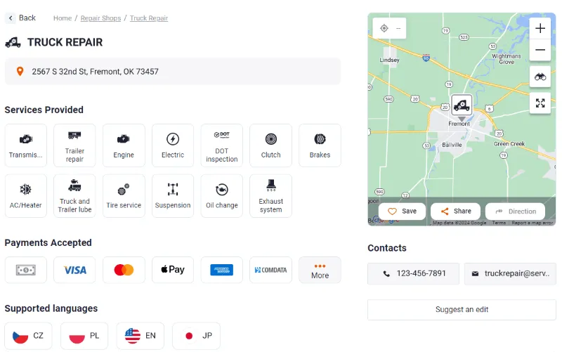 Trucker Guide company card showing available services, payment options, and supported languages.