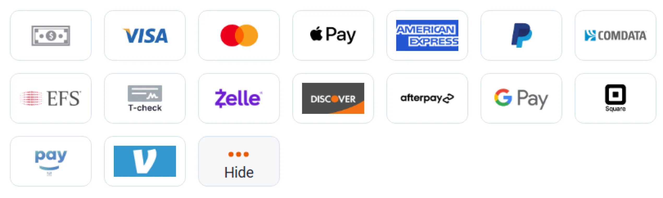 Trucker Guide company card showing accepted payment options, including cards, cash, checks, and mobile payments.