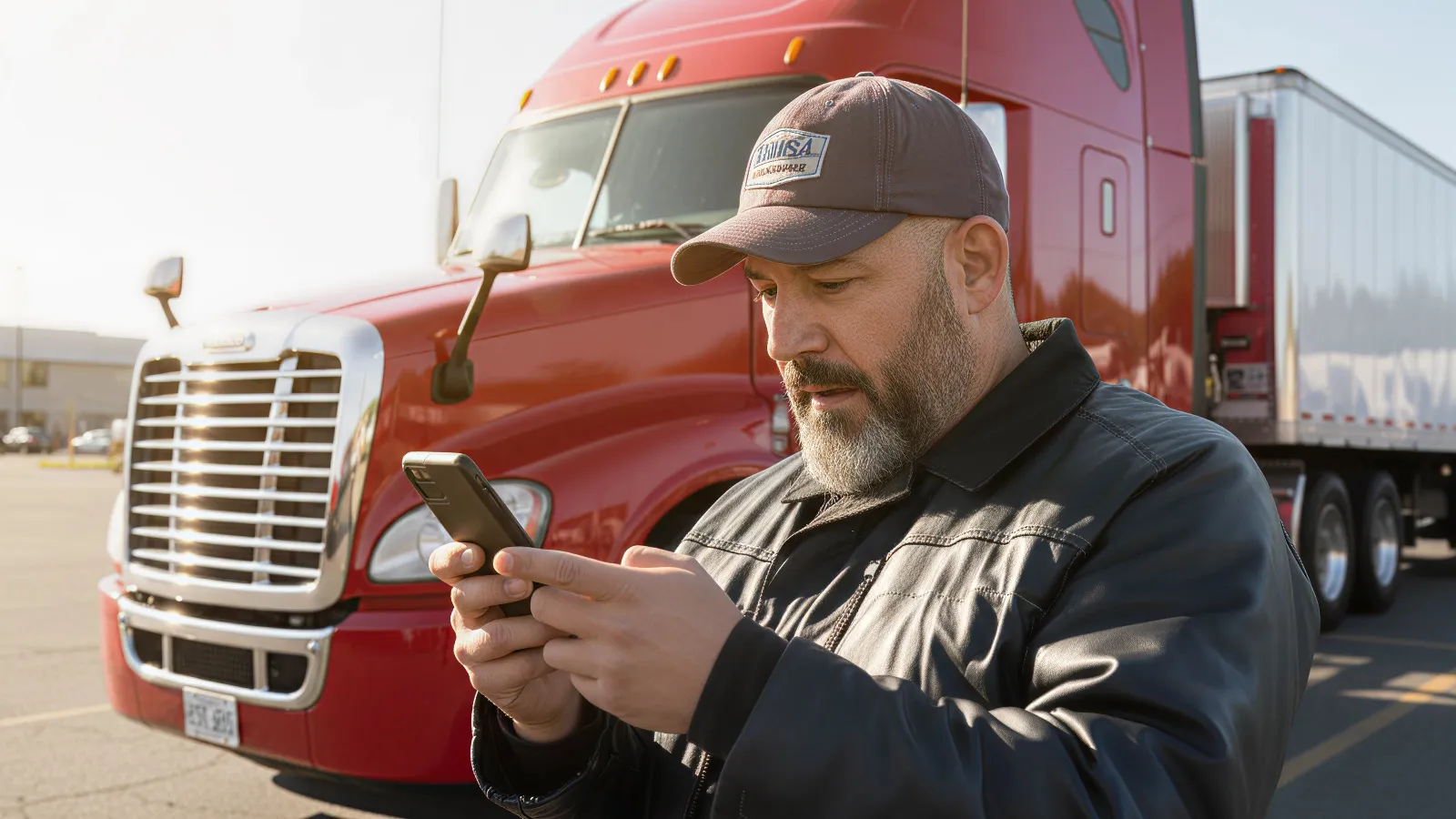 Person standing in front of a red semi‑truck while checking a smartphone at an outdoor truck lot
