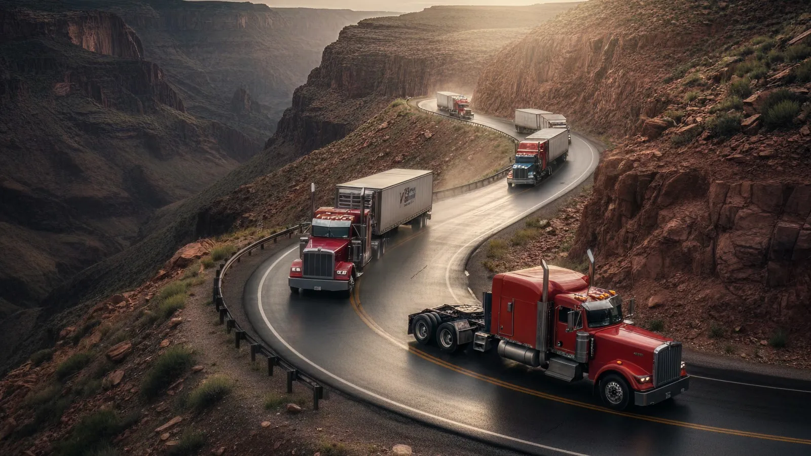 Long line of trucks navigating a winding road, highlighting the dangers truckers face on America’s highways.