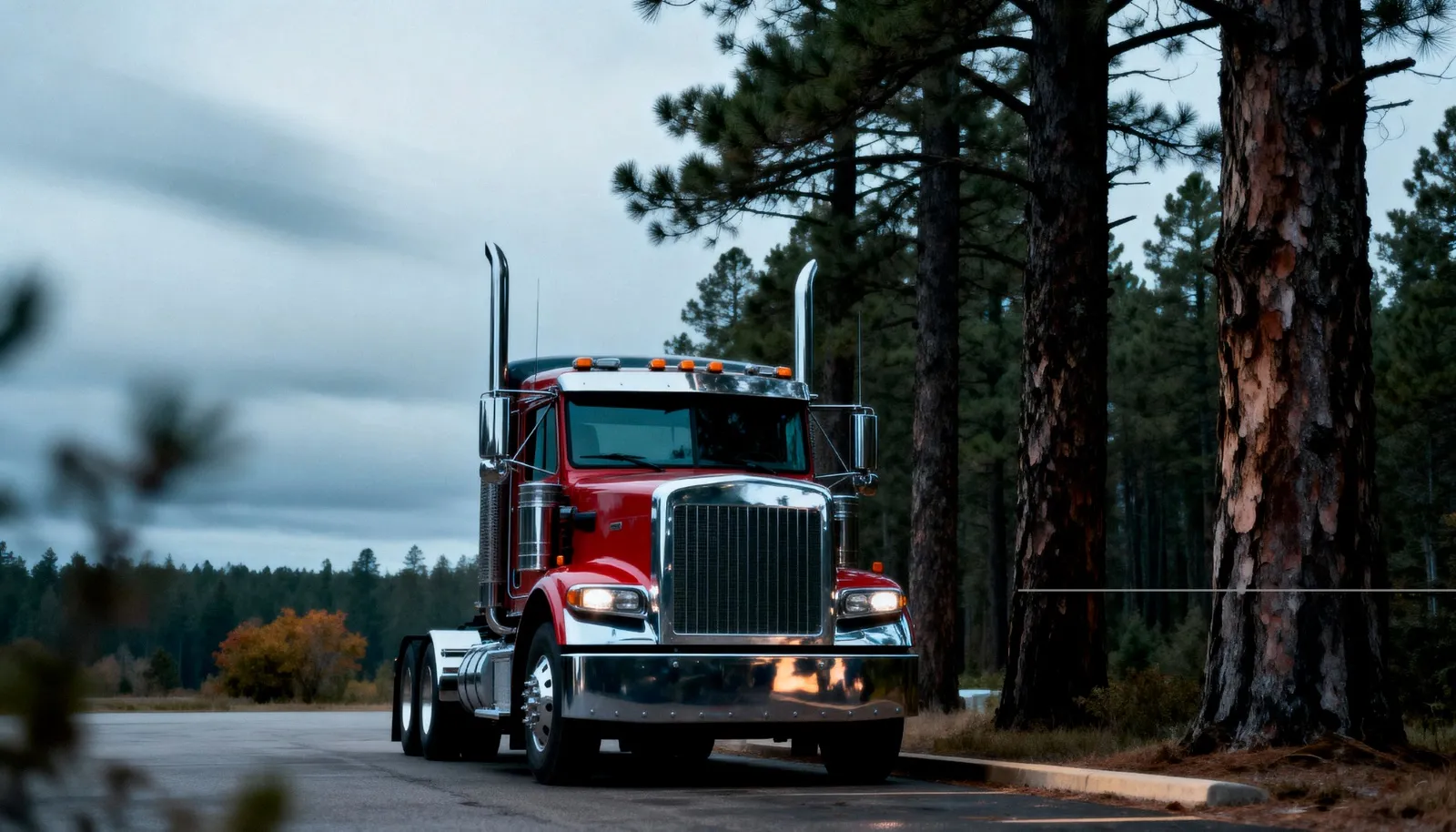 Semi-truck cruising along a tree-lined road, reflecting the movement and costs involved in LTL freight.