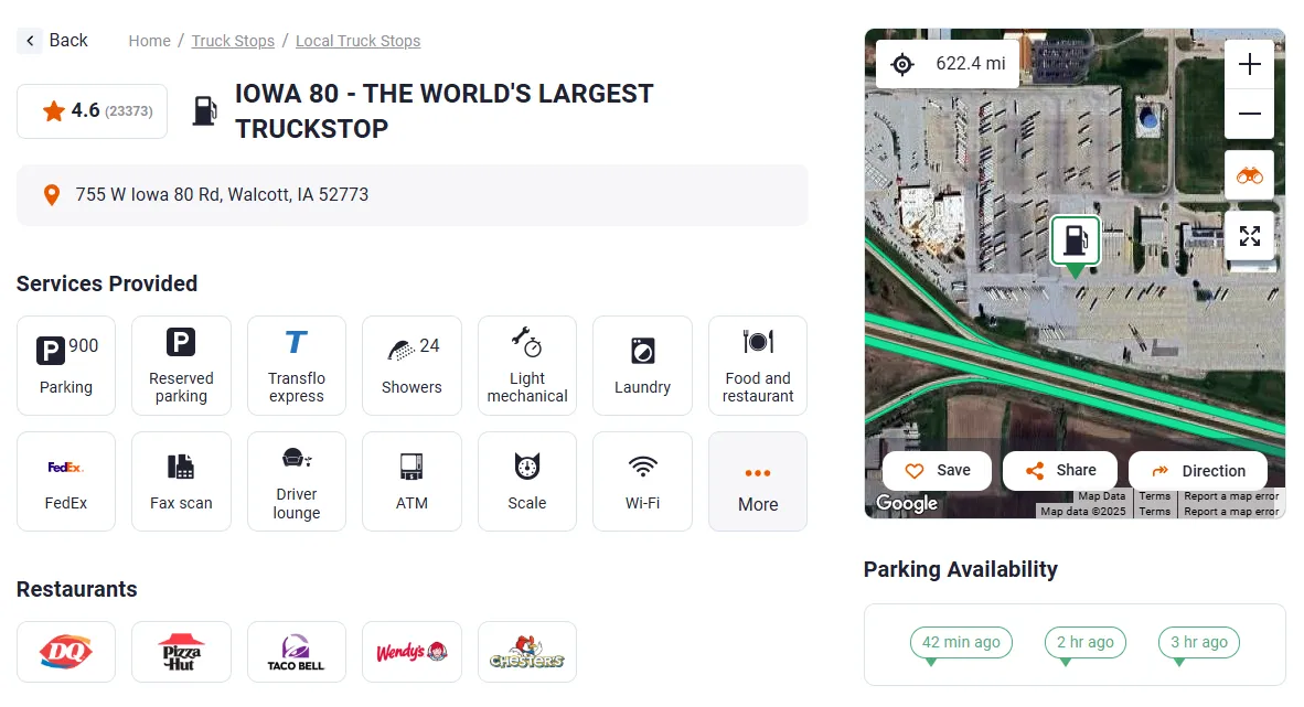 Trucker Guide location screen showing Iowa 80 truck stop with services list, restaurant options, parking availability, and satellite map preview