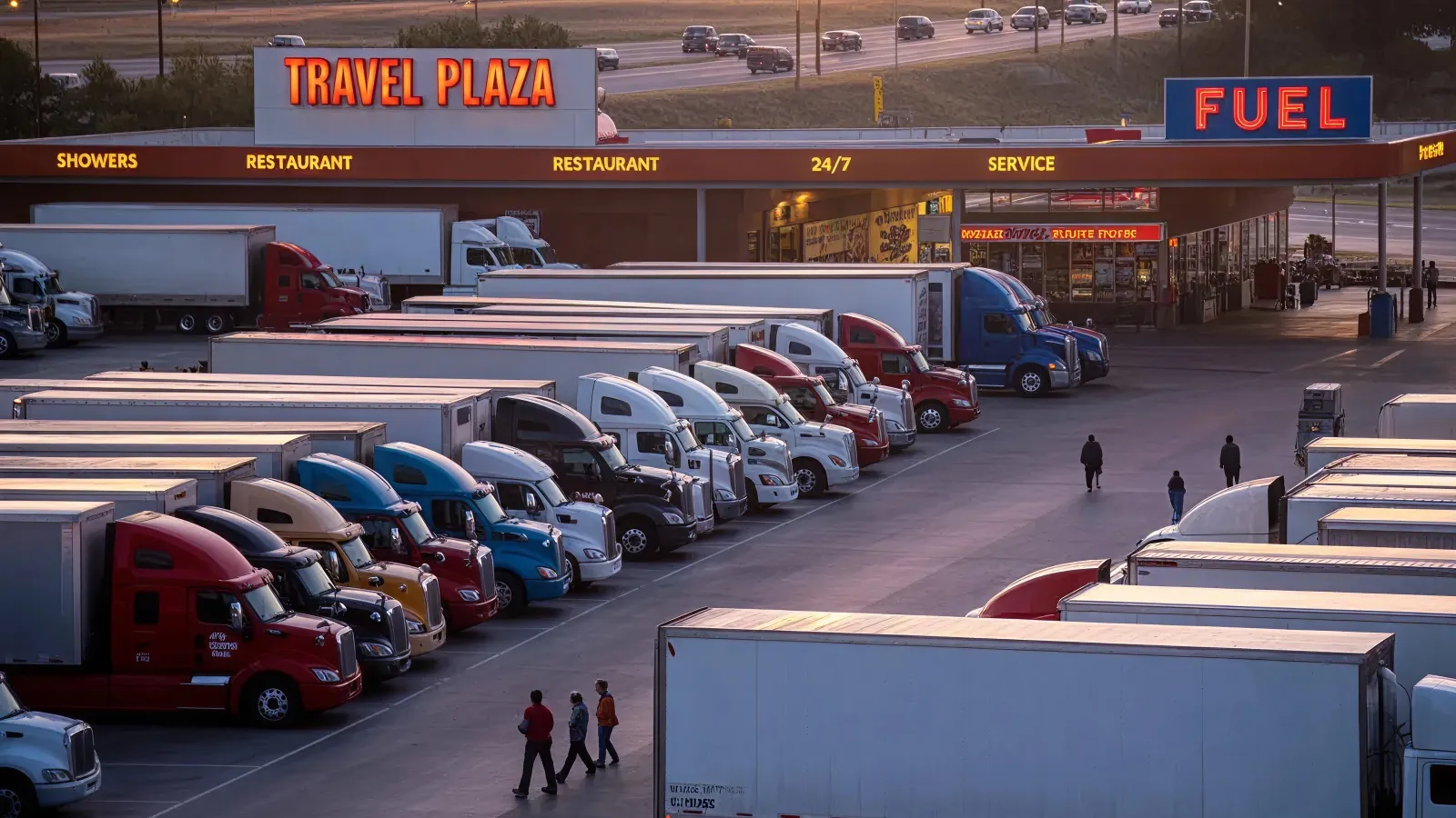 Busy truck stop with rows of parked semis and a travel plaza building
