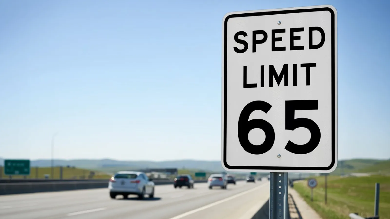 Highway scene with a Speed Limit 65 sign in the foreground