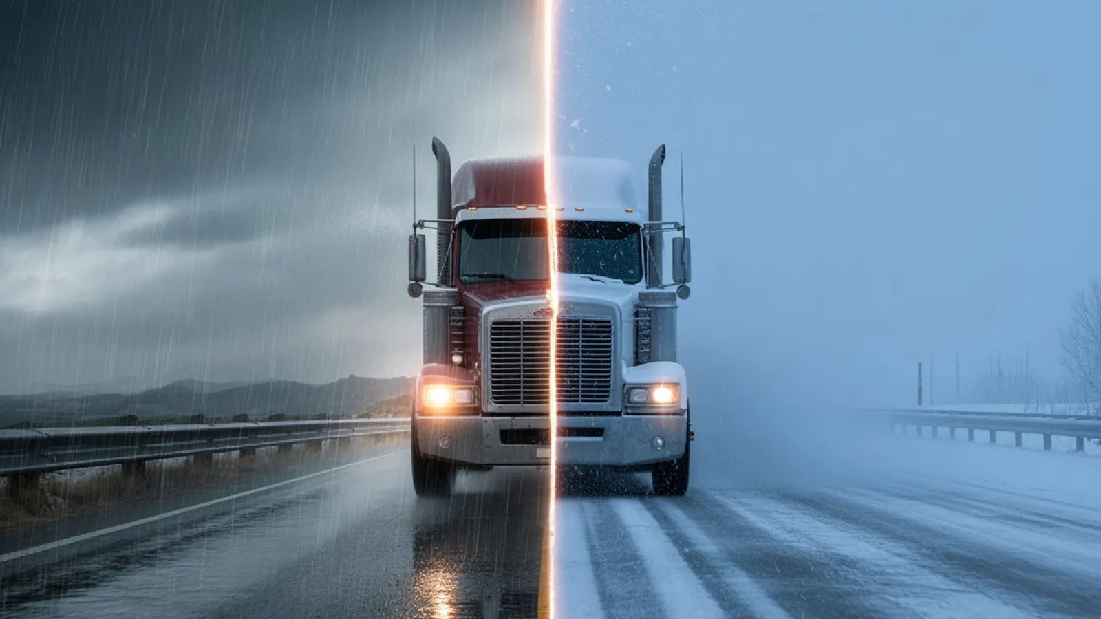 Semi-truck driving on a snowy highway illustrates winter road and traffic conditions across the U.S.