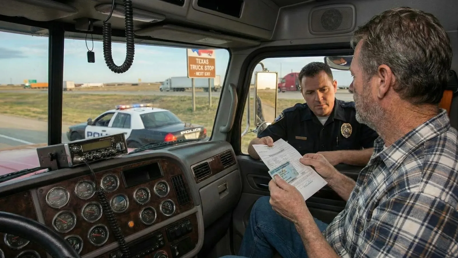 Police officer checking a truck driver inside the cab illustrate a traffic stop and speeding ticket inspection.