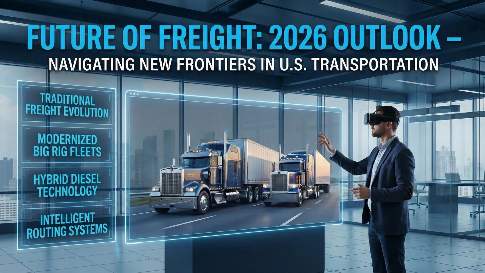 Freight industry outlook featuring trucks, cargo containers, and a business leader, reflecting the forces shaping trucking in 2026.