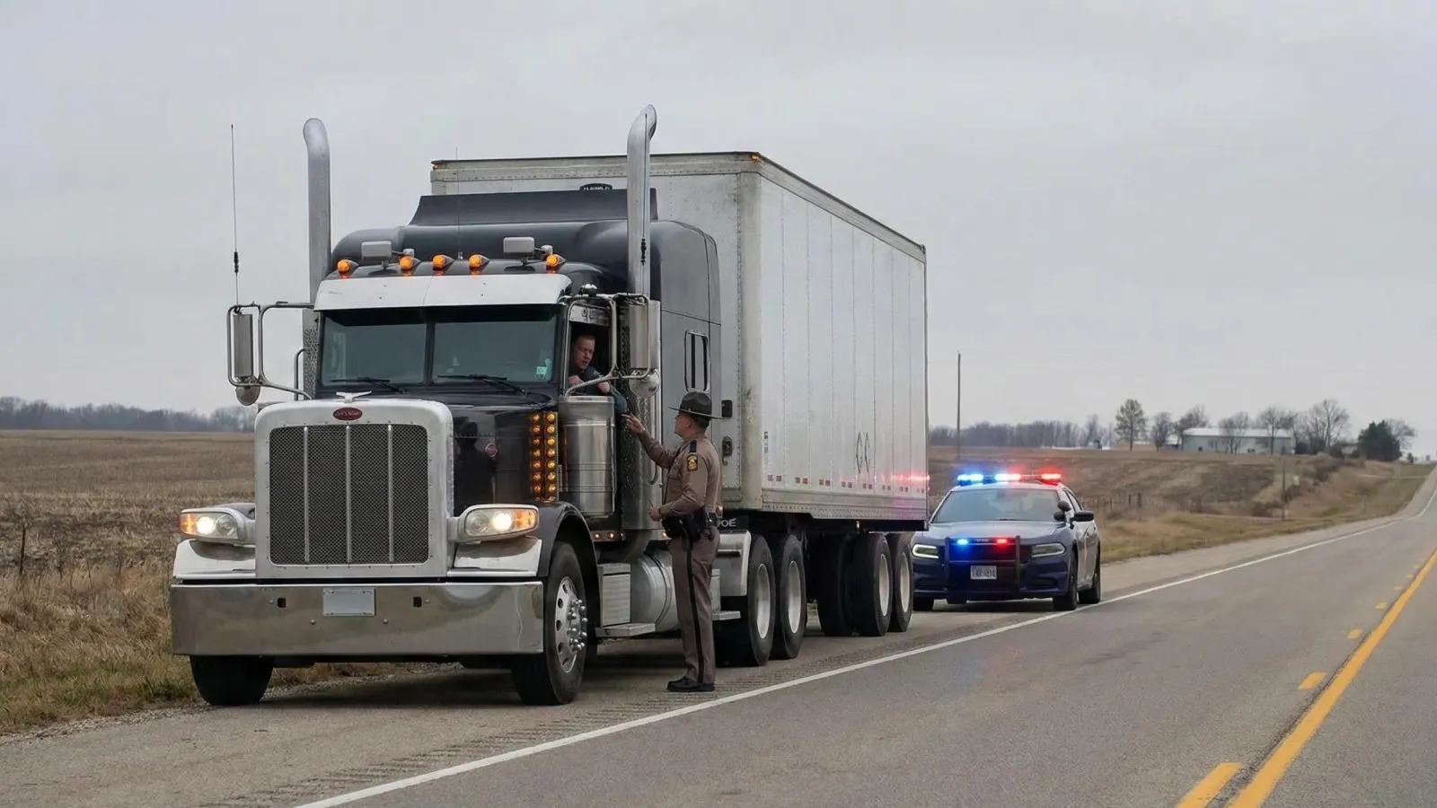 Semi-truck driving on a highway illustrates the risks and penalties of driving without insurance.