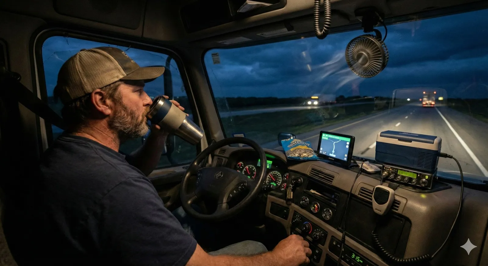 A truck driver stays alert during a night drive, using a CB radio while driving a semi-truck.