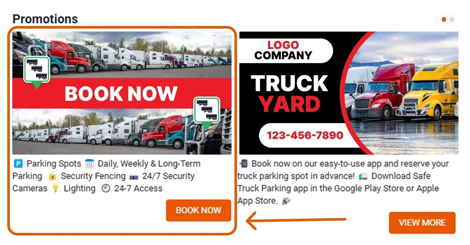 Trucker Guide promotional banners featuring rows of parked semi-trucks with information about parking services and reservations.