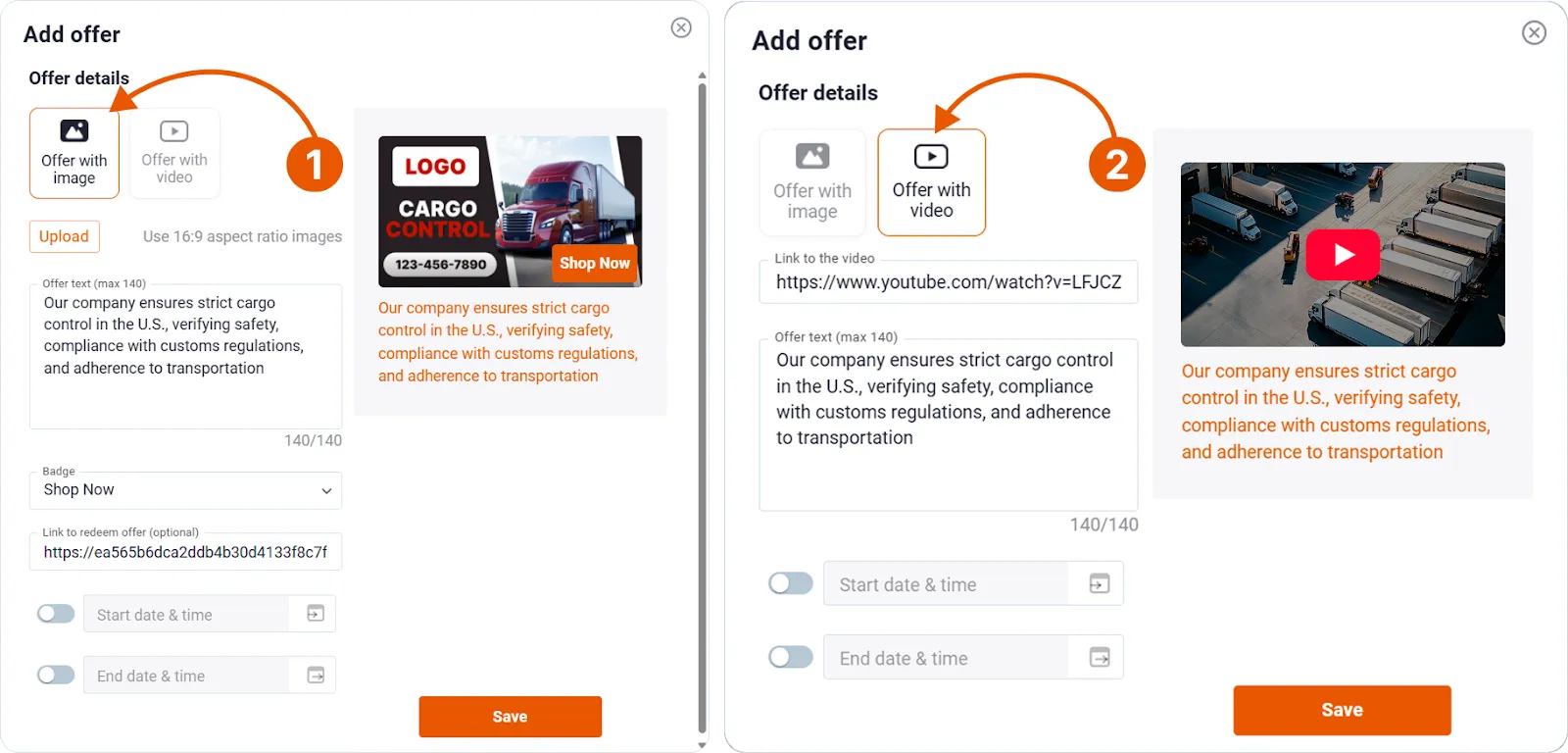 Trucker Guide business dashboard showing options to upload promotional images and YouTube videos for offers.
