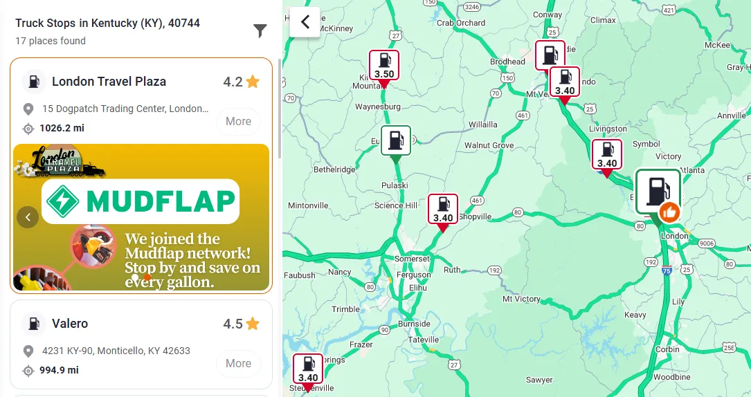 Trucker Guide map showing multiple truck stops with fuel prices and a list of locations.