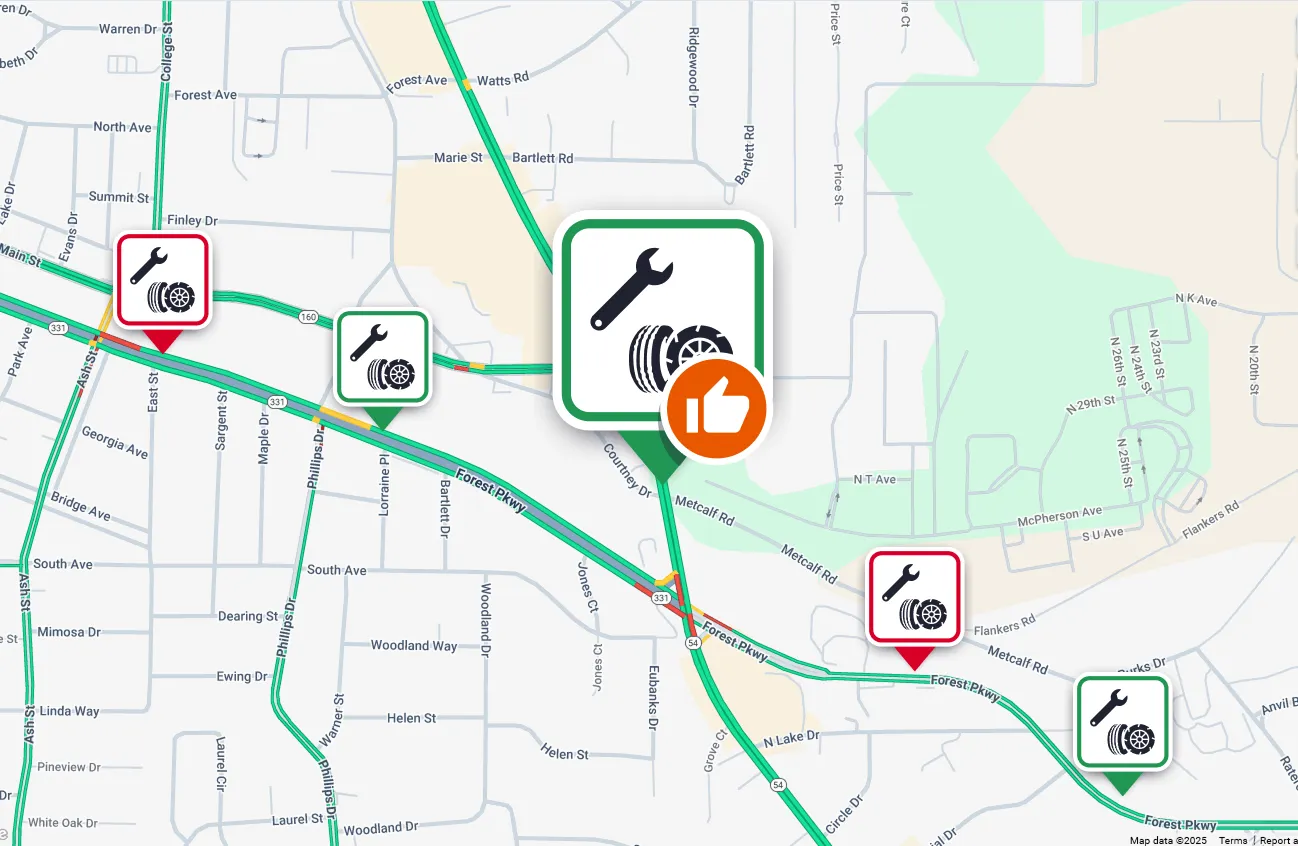 A digital Trucker Guide map with a branded company logo and “Verified” badge as a custom map marker.