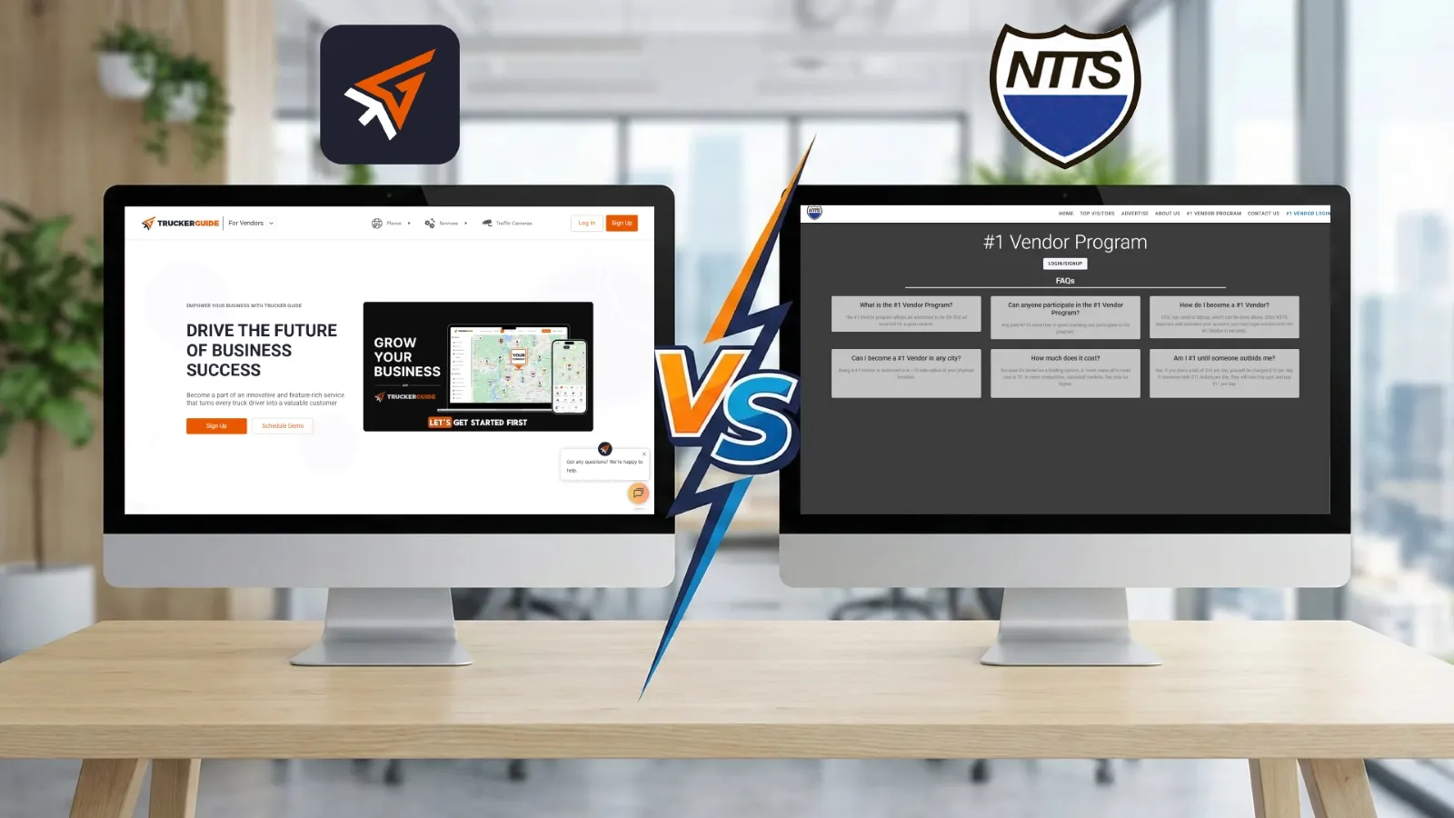 A split-screen comparison of Trucker Guide and NTTS, showing how truck service businesses are discovered through each platform.