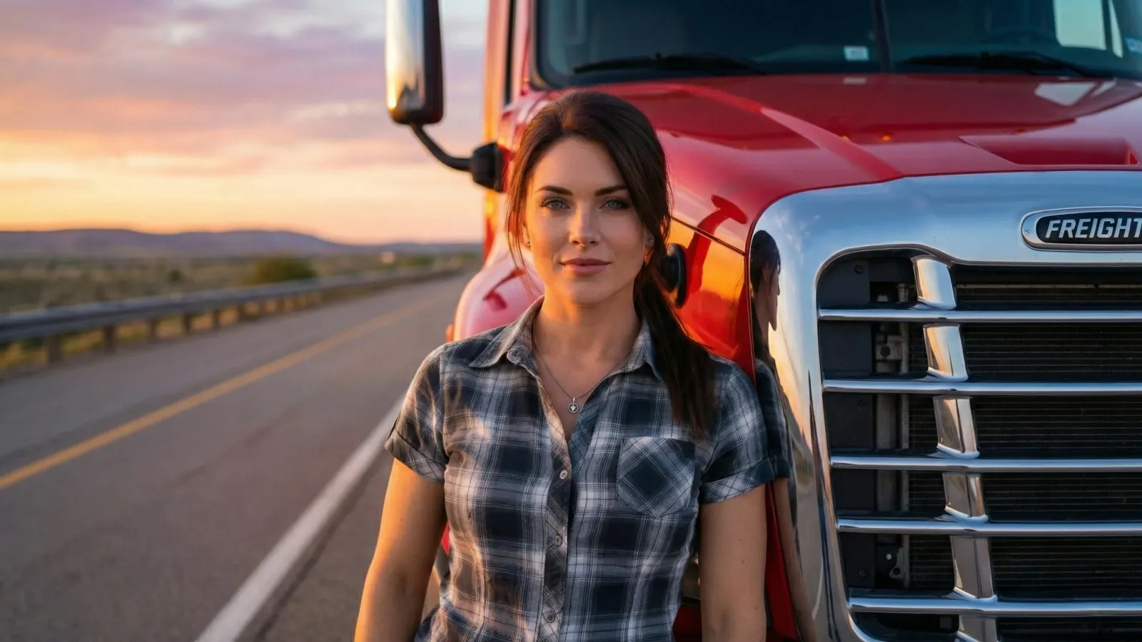 Woman driver standing beside a red Freightliner truck on a highway at sunset