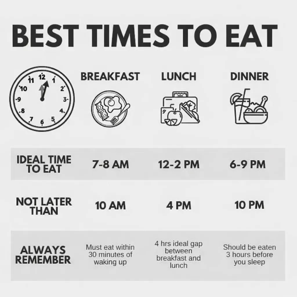 Infographic showing recommended breakfast, lunch, and dinner times with healthy‑eating reminders