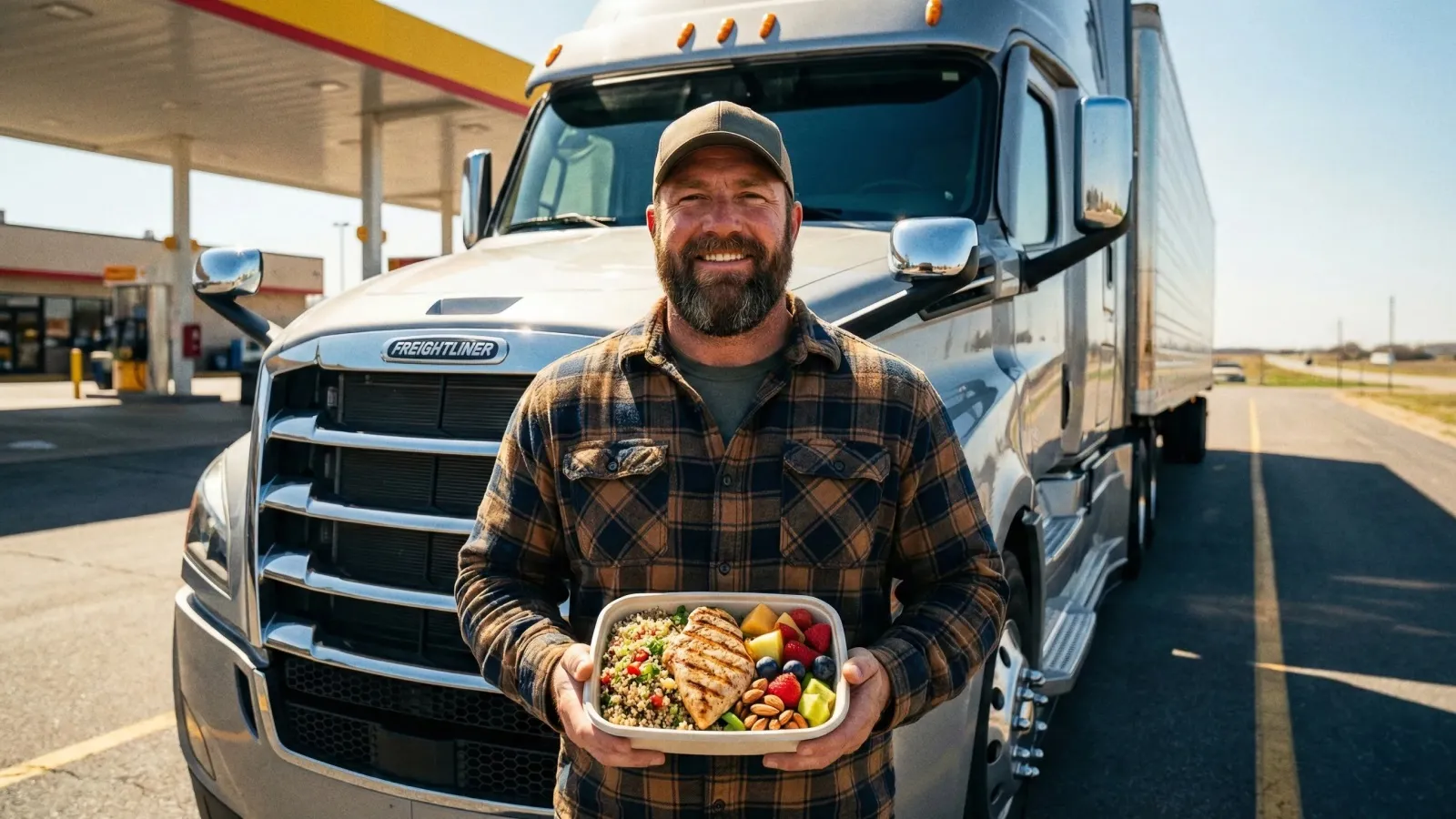 Driver standing by a semi‑truck holding a healthy meal at a fuel station