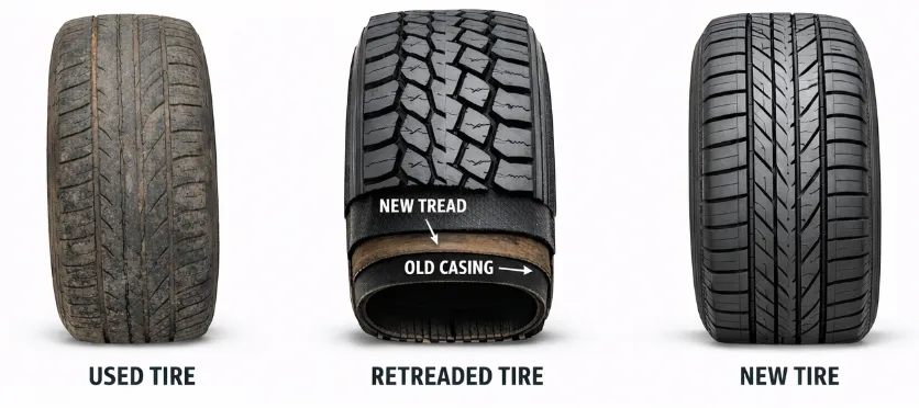Three tires showing a worn used tire, a retreaded tire with new tread, and a new tire.