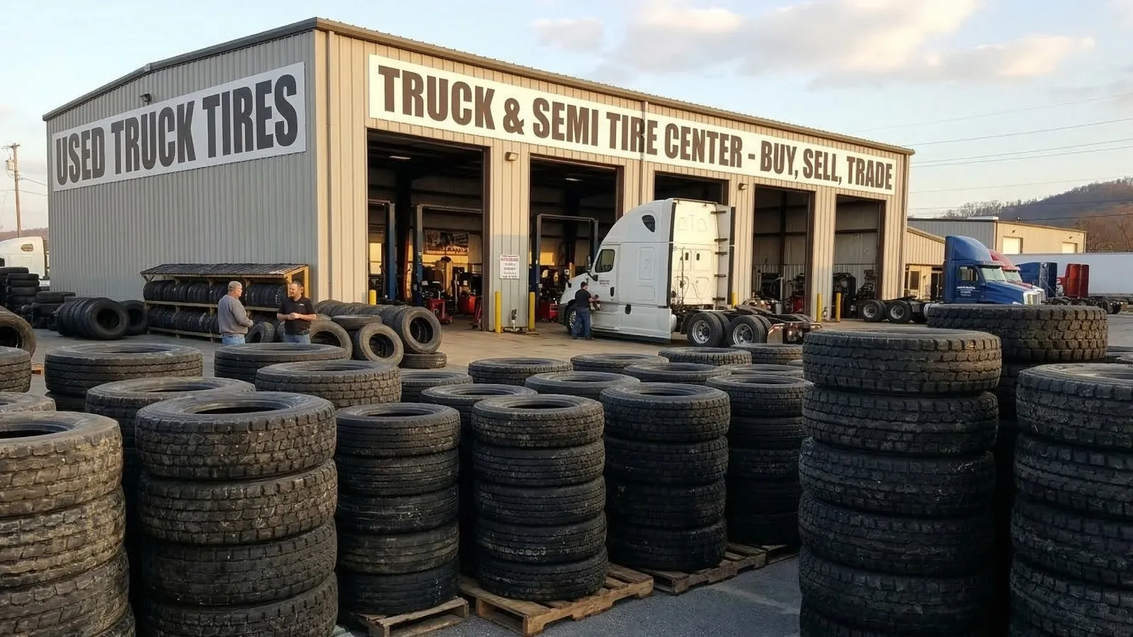A stack of used truck tires outside a commercial tire service center, highlighting affordable tire options and the importance of choosing quality used tires.