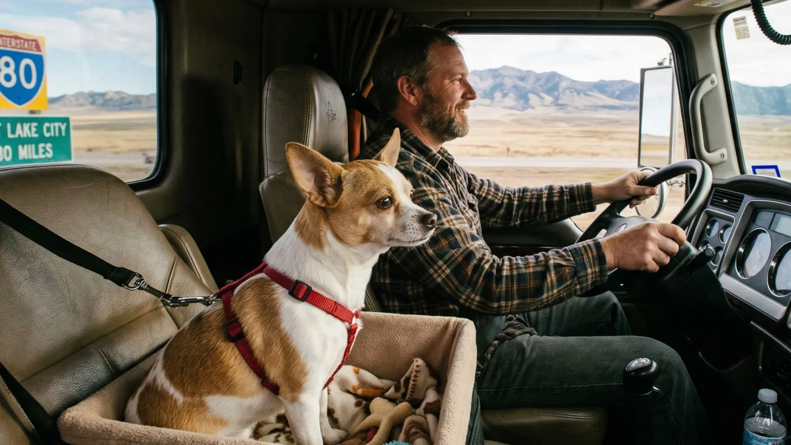 A man drives a truck with a corgi sitting in a booster seat beside him.