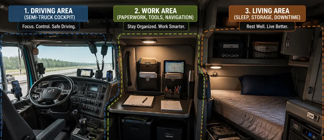 Interior of a semi-truck cabin divided into driving, work, and living zones with a sleeping area.