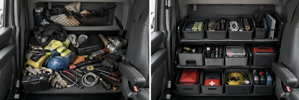 A truck interior before and after installing organized storage bins for tools and supplies.