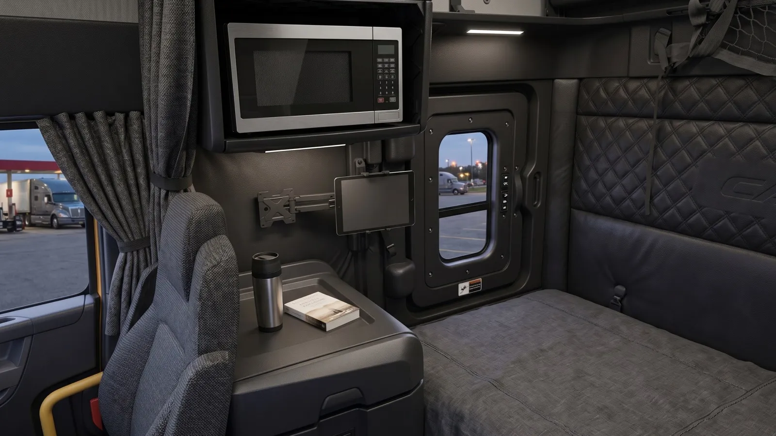 The interior of a modern semi-truck sleeper cabin featuring a bed, microwave, and driver seat.