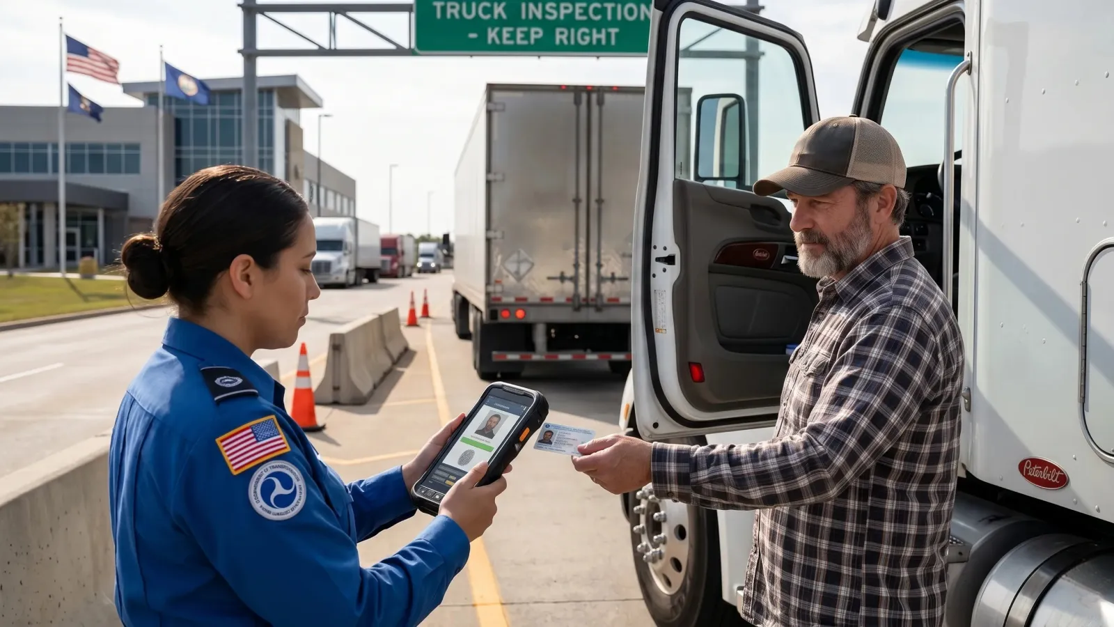 A truck driver and compliance professional reviewing FMCSA Clearinghouse identity verification requirements on a tablet beside a semi-truck.