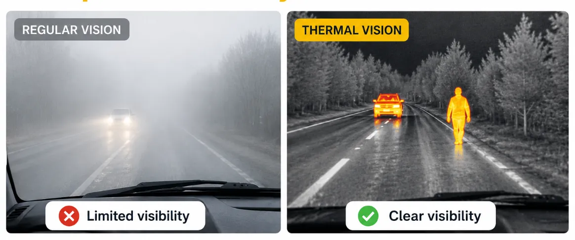Comparison of road visibility showing a foggy view versus a clear thermal view of a pedestrian.