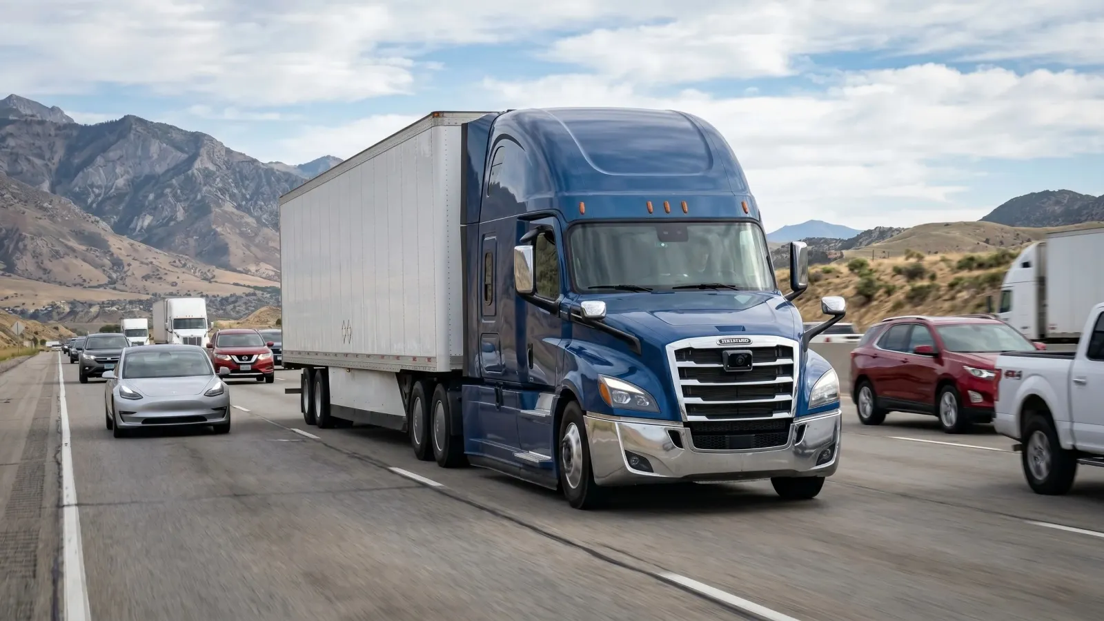 A modern semi-truck traveling on a mountain highway, highlighting the growing role of advanced camera systems in improving truck visibility and safety.