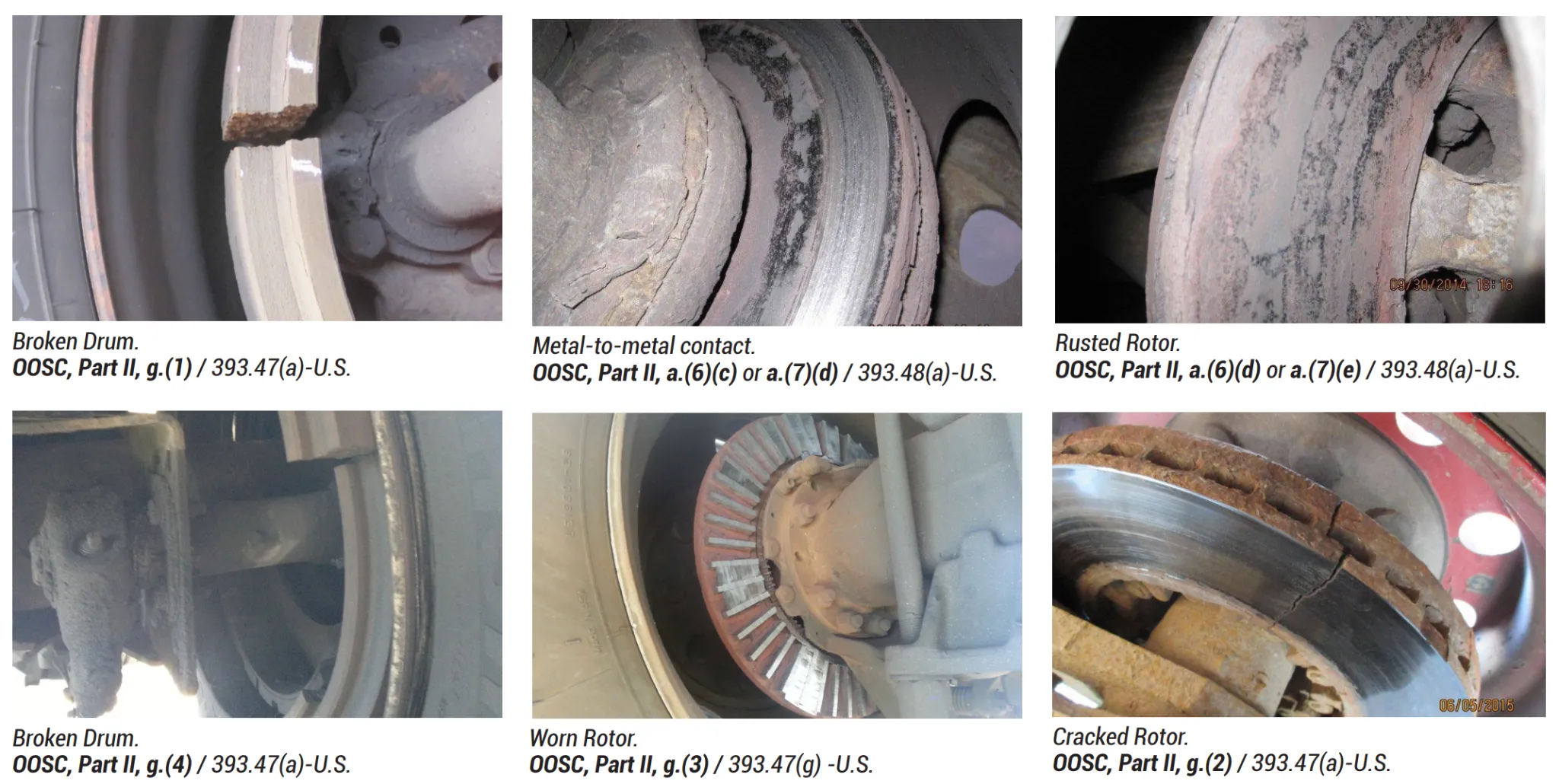 Six close-up views of damaged truck brake drums and rotors showing cracks, rust, and heavy wear.