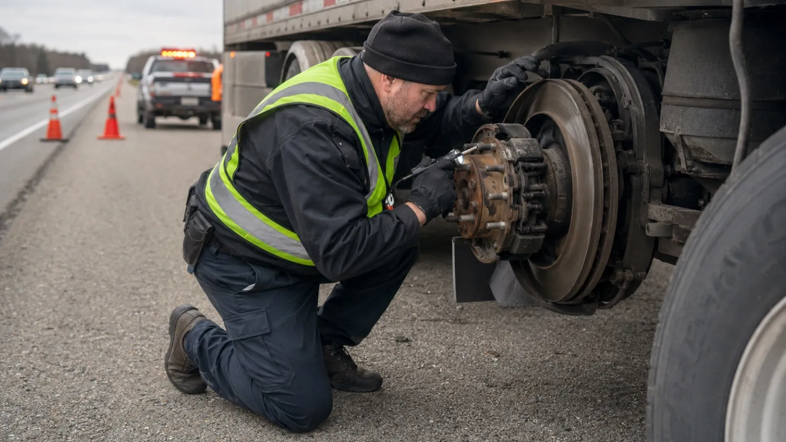 A technician in a high-visibility vest inspects the wheel assembly of a semi-truck on a highway shoulder.
