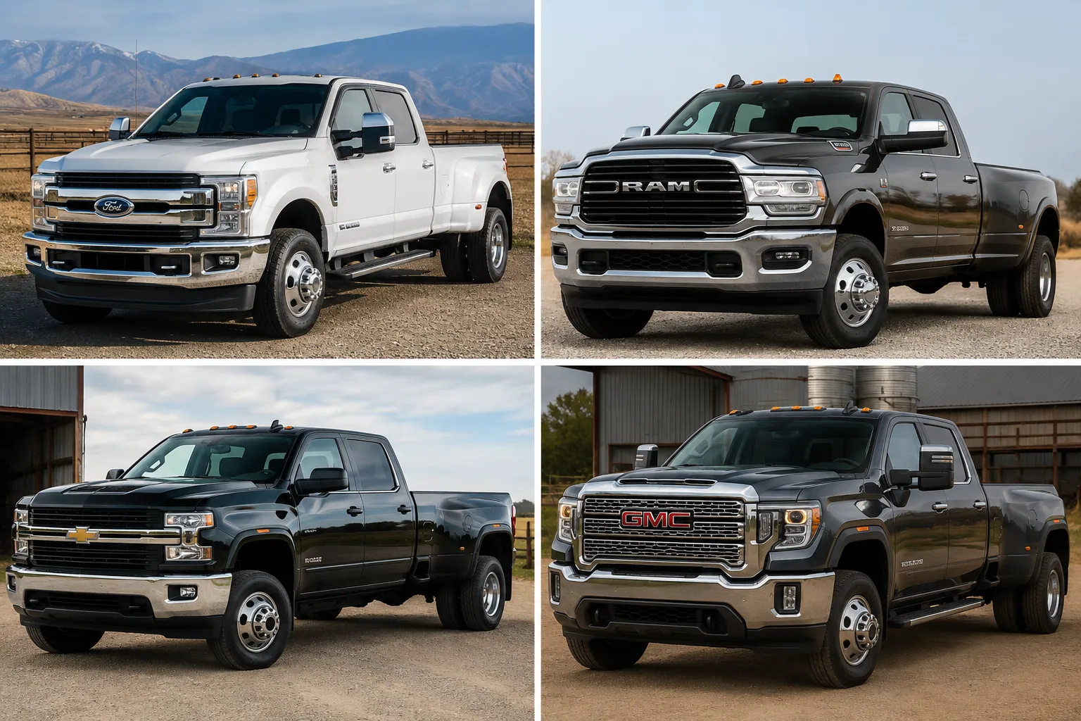    Four heavy‑duty pickup trucks shown in a comparison grid