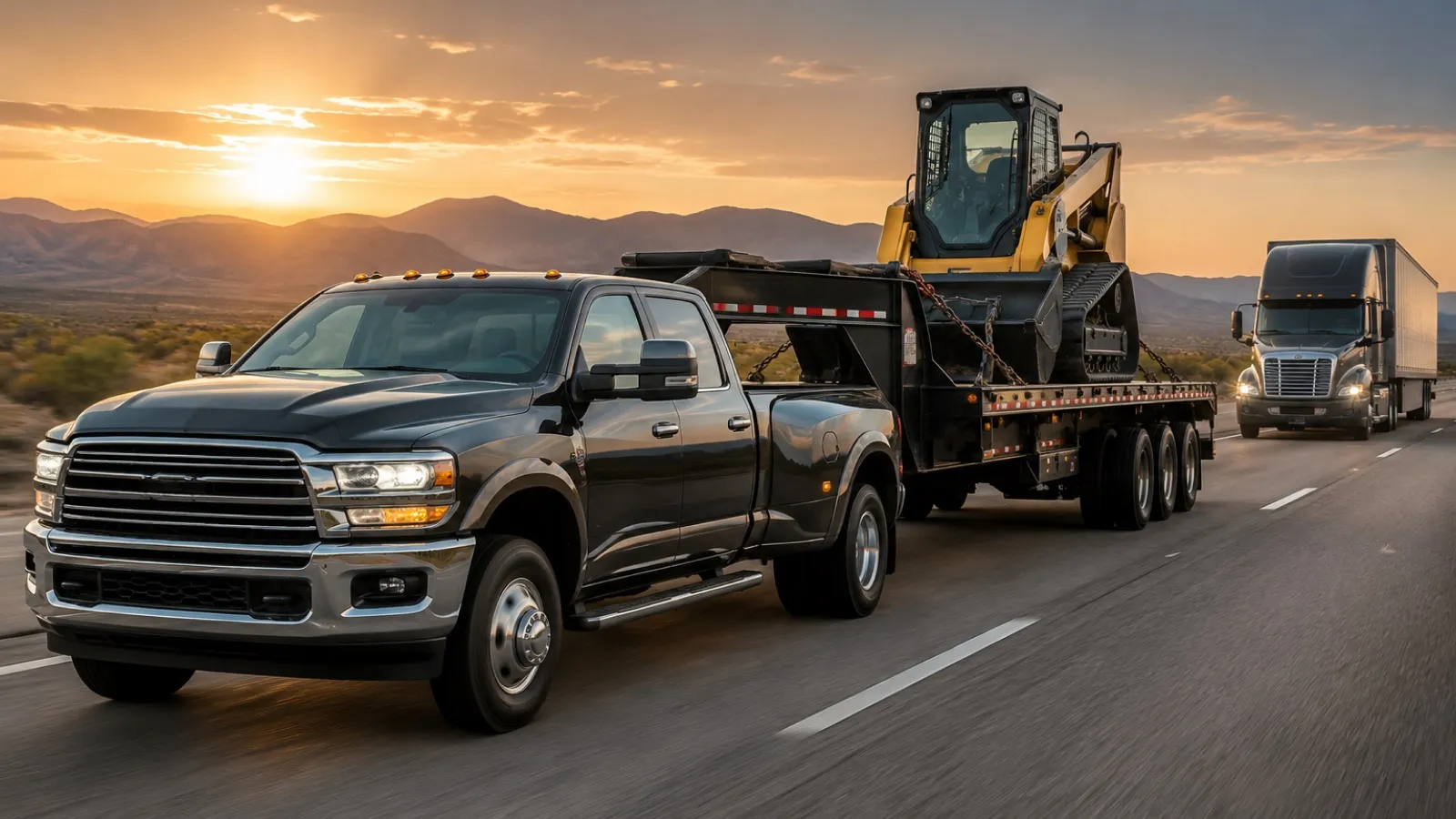 A pickup truck towing a flatbed trailer with equipment on a highway at sunset