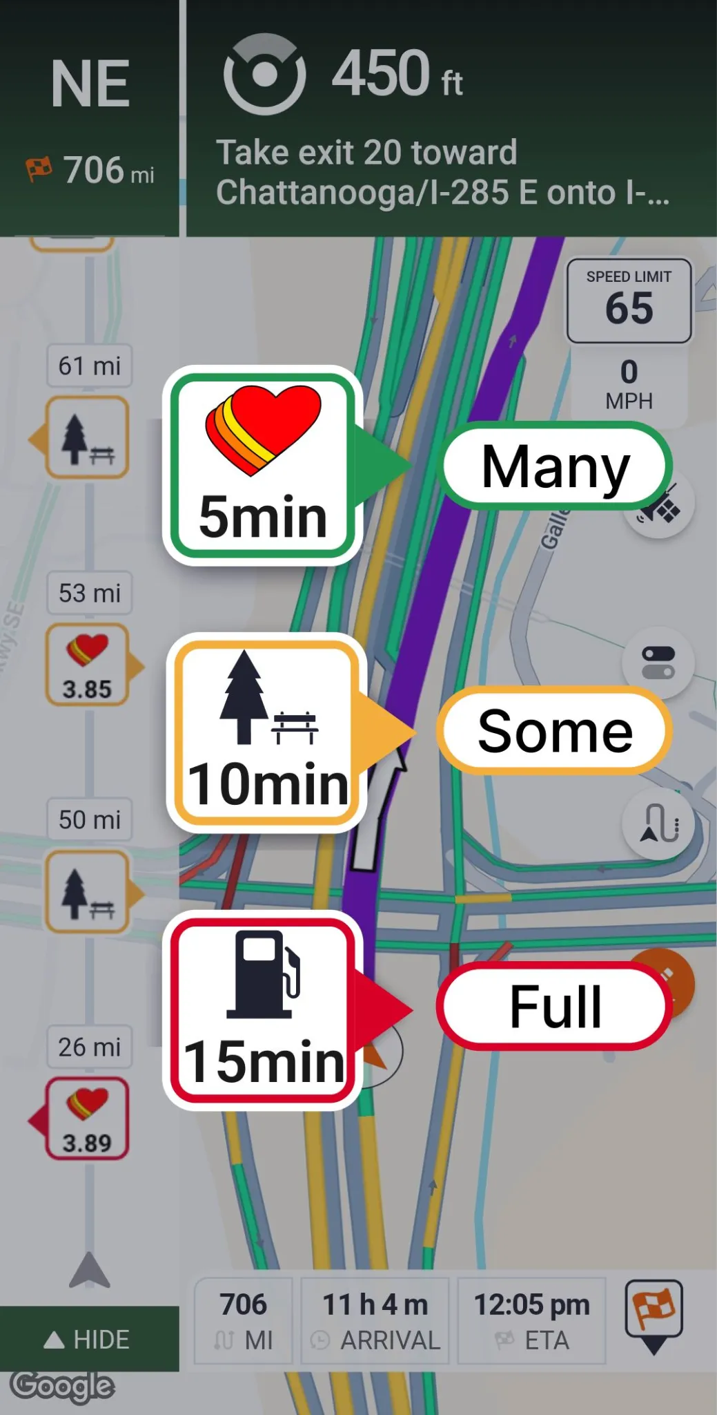 Trucker Guide showing three parking availability status types