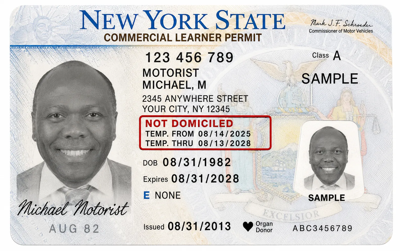 New York Class A commercial learner permit showing a red “NOT DOMICILED” notice